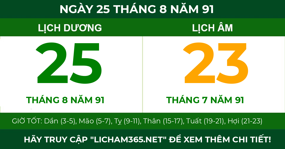 lịch âm ngày 25 tháng 8 năm 91