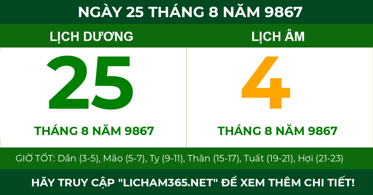 lịch âm ngày 25 tháng 8 năm 9867