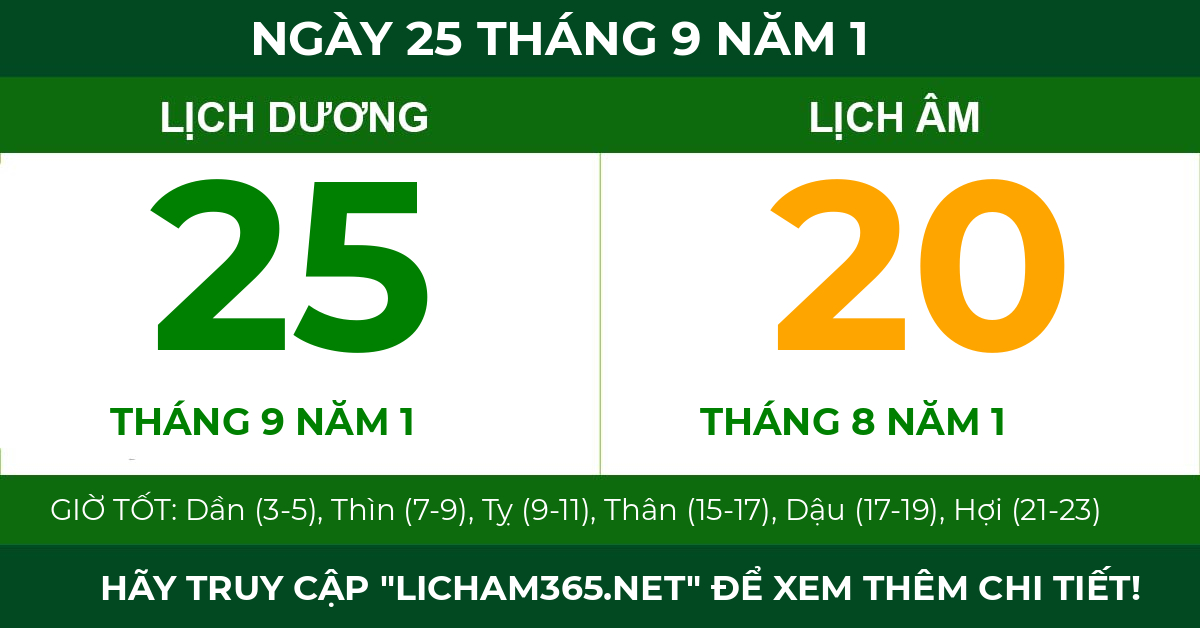 lịch âm ngày 25 tháng 9 năm 1