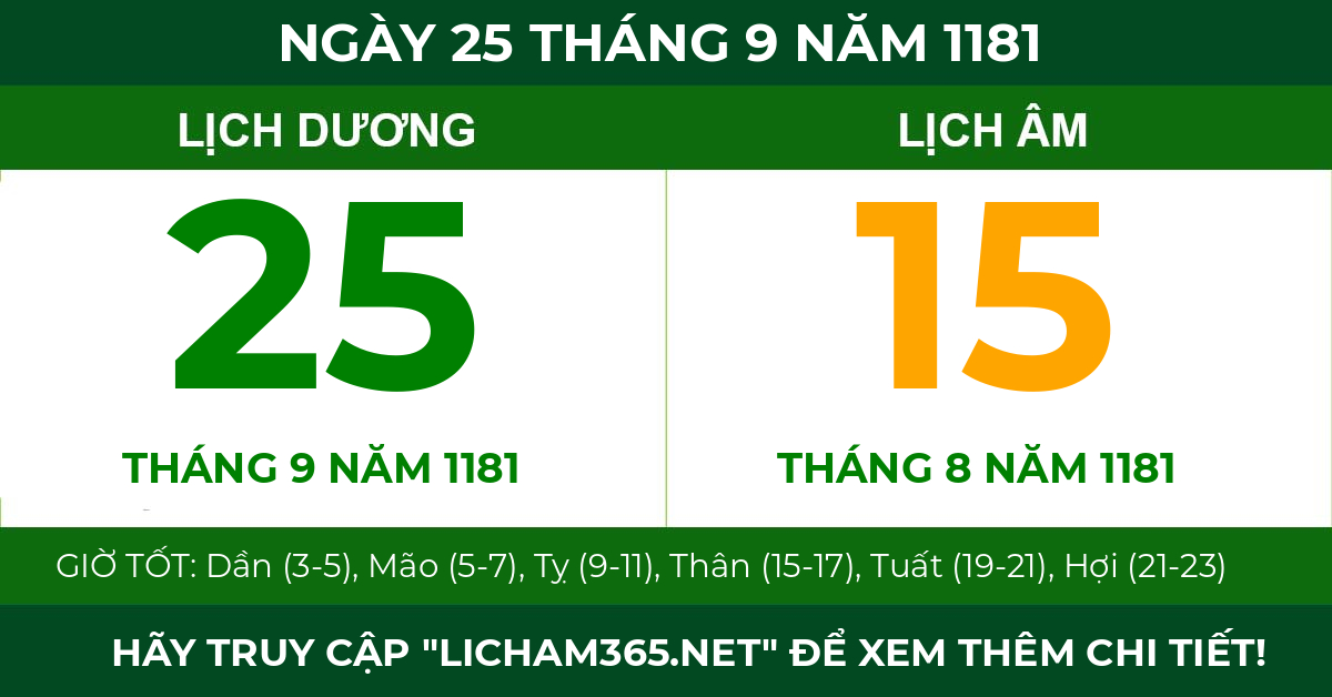 lịch âm ngày 25 tháng 9 năm 1181