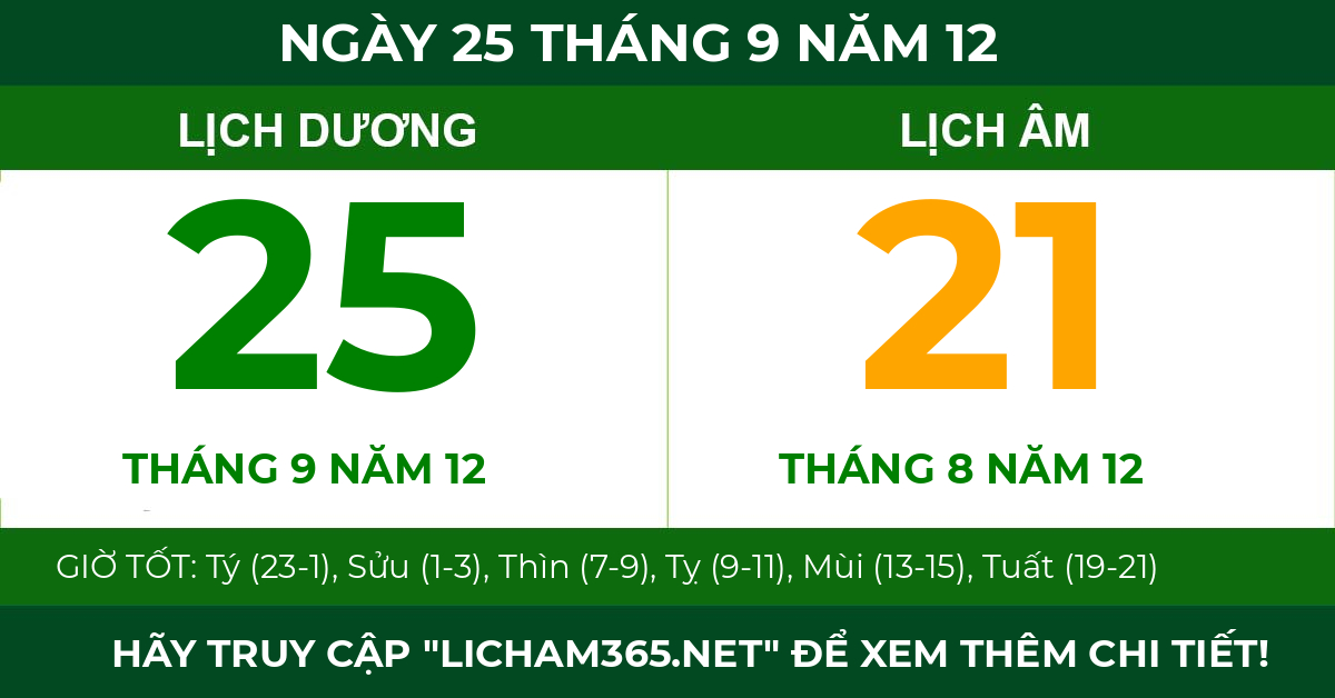 lịch âm ngày 25 tháng 9 năm 12