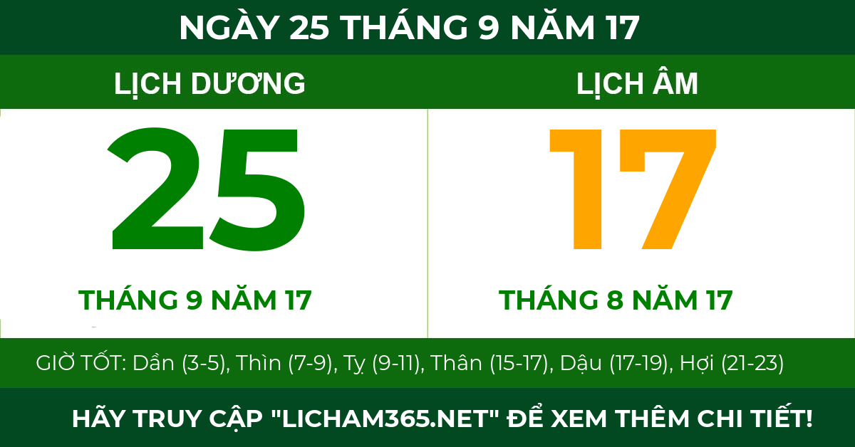 lịch âm ngày 25 tháng 9 năm 17
