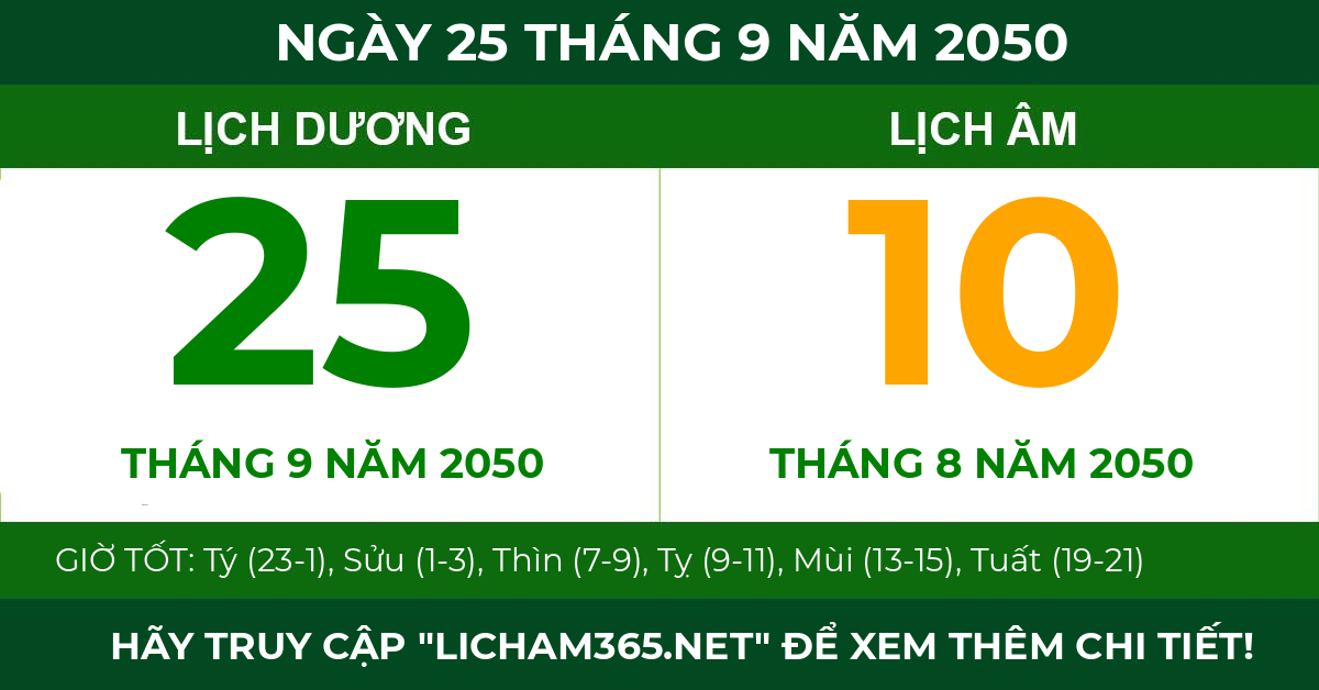 lịch âm ngày 25 tháng 9 năm 2050
