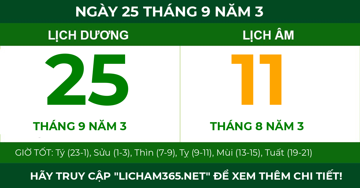 lịch âm ngày 25 tháng 9 năm 3