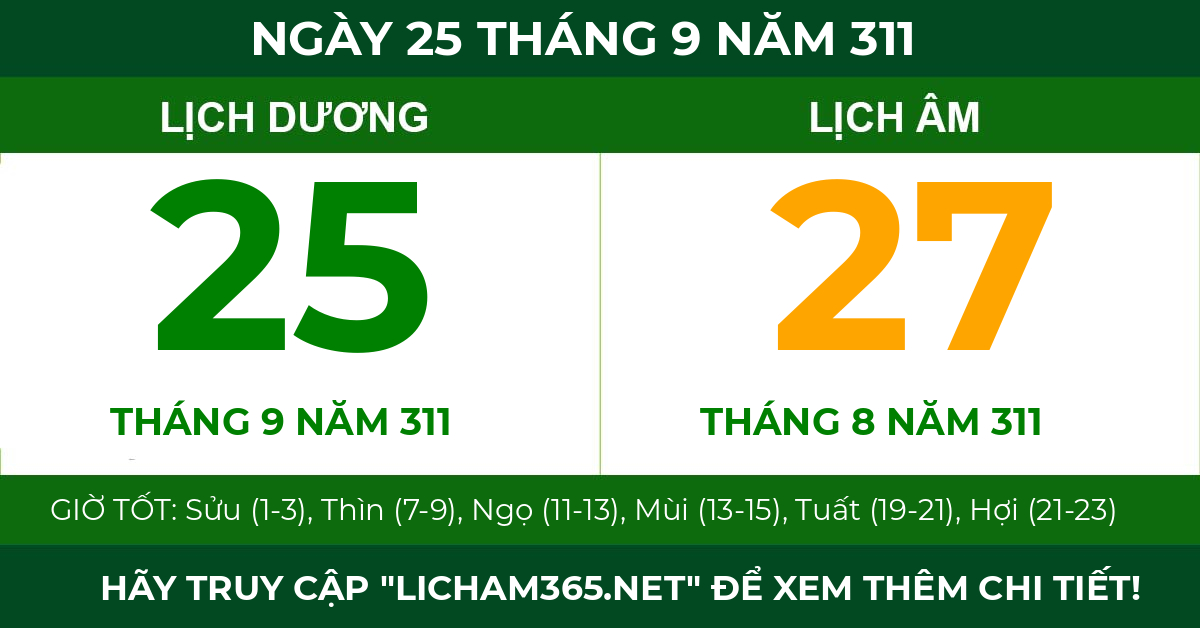 lịch âm ngày 25 tháng 9 năm 311