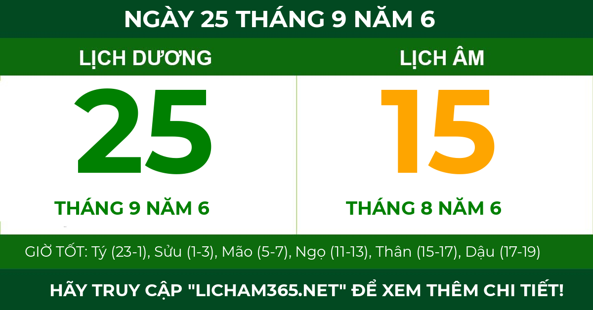 lịch âm ngày 25 tháng 9 năm 6