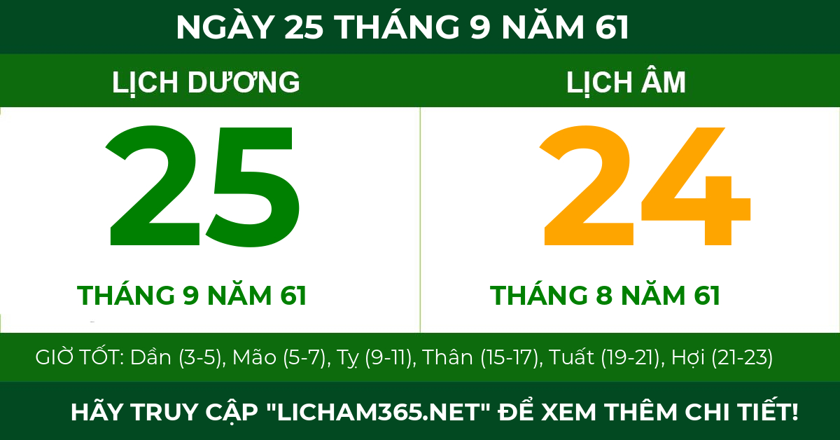 lịch âm ngày 25 tháng 9 năm 61