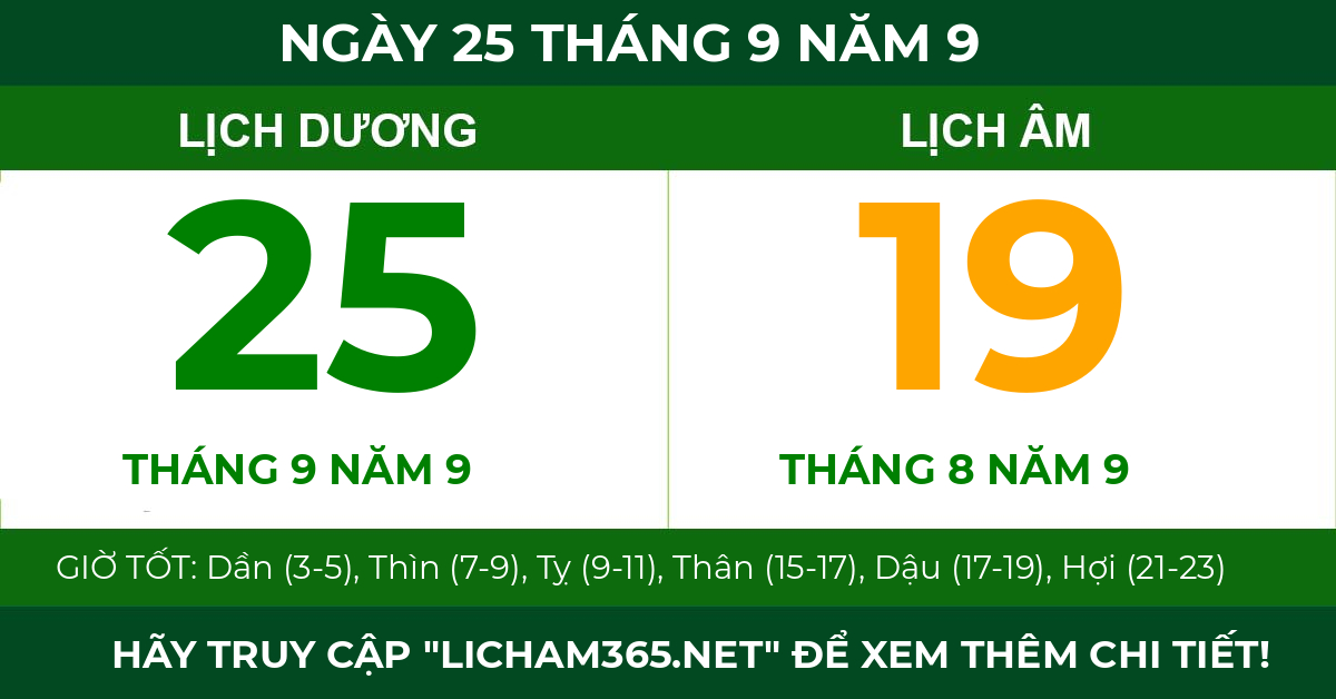 lịch âm ngày 25 tháng 9 năm 9