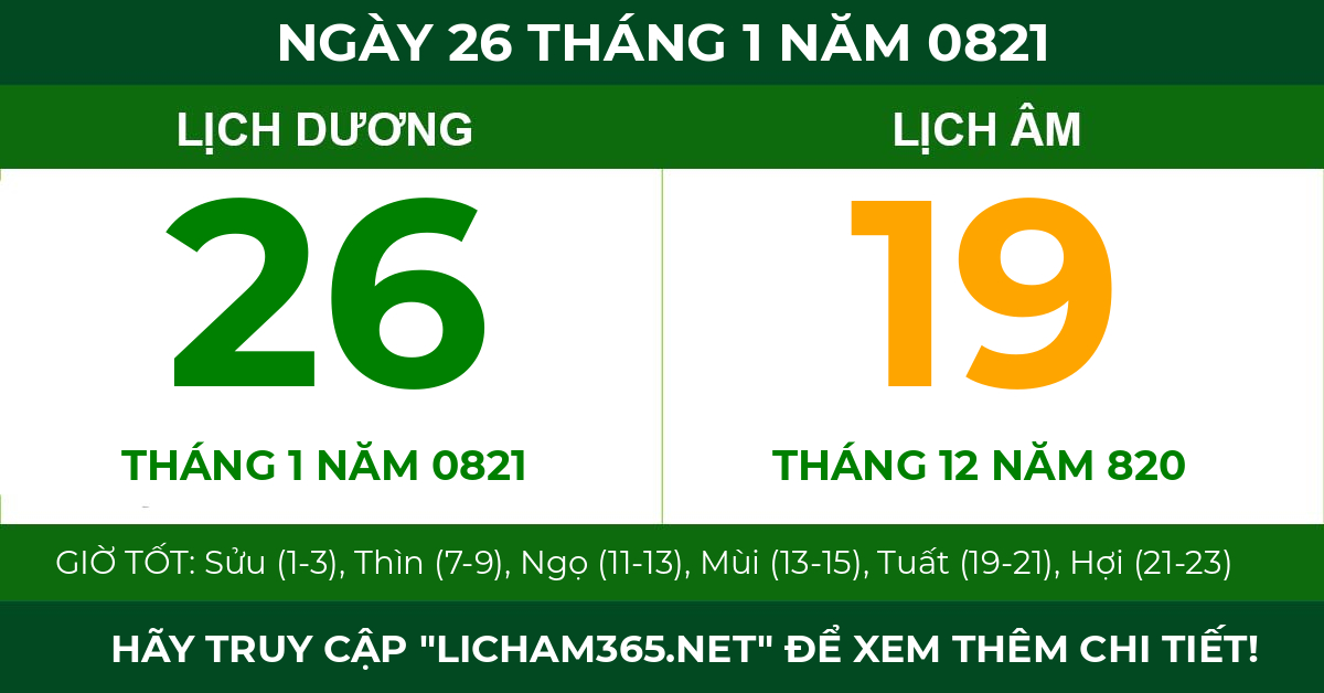 lịch âm ngày 26 tháng 1 năm 0821