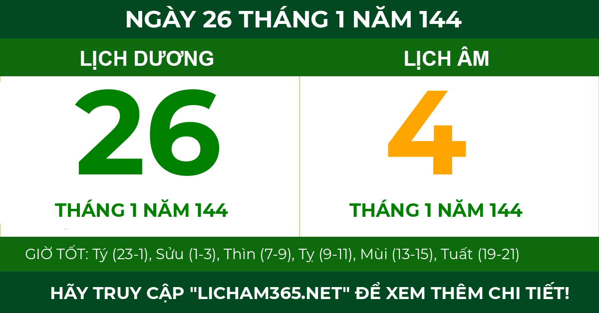 lịch âm ngày 26 tháng 1 năm 144