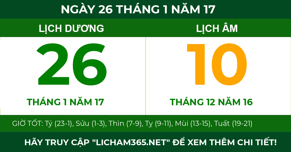 lịch âm ngày 26 tháng 1 năm 17