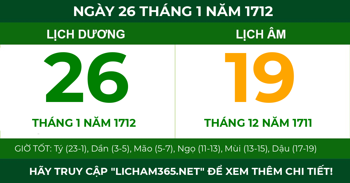 lịch âm ngày 26 tháng 1 năm 1712