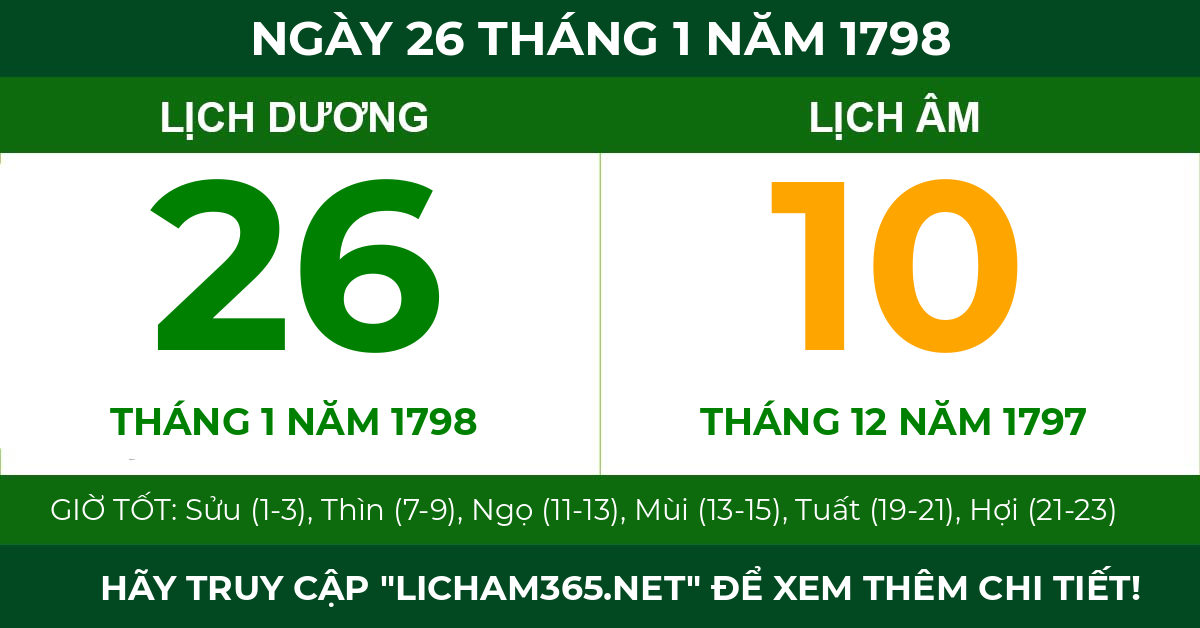 lịch âm ngày 26 tháng 1 năm 1798