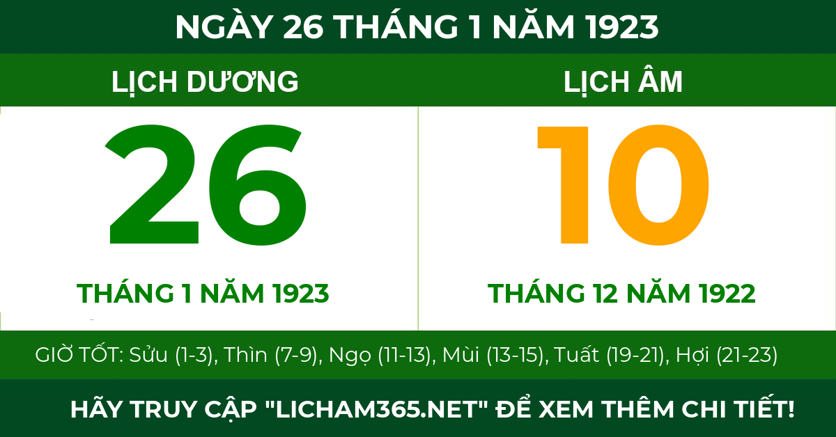 lịch âm ngày 26 tháng 1 năm 1923