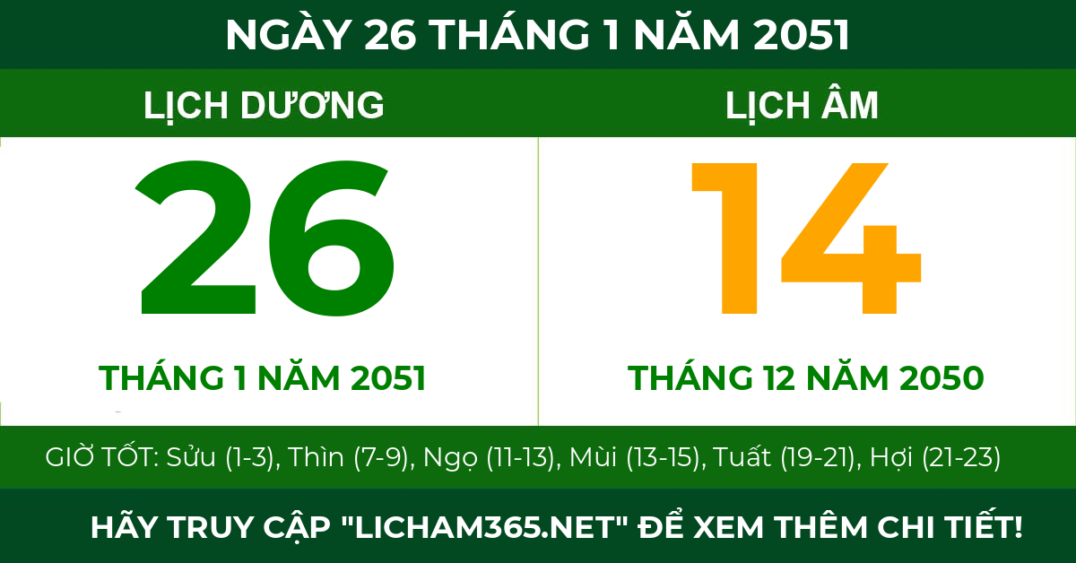 lịch âm ngày 26 tháng 1 năm 2051