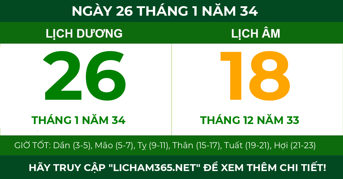 lịch âm ngày 26 tháng 1 năm 34