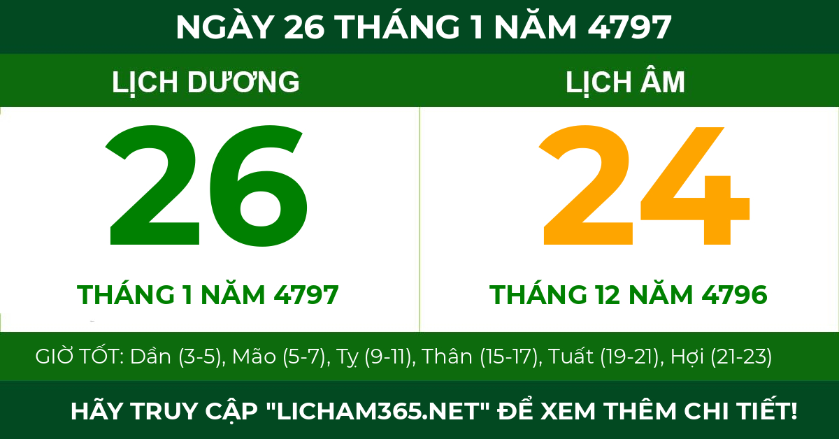 lịch âm ngày 26 tháng 1 năm 4797