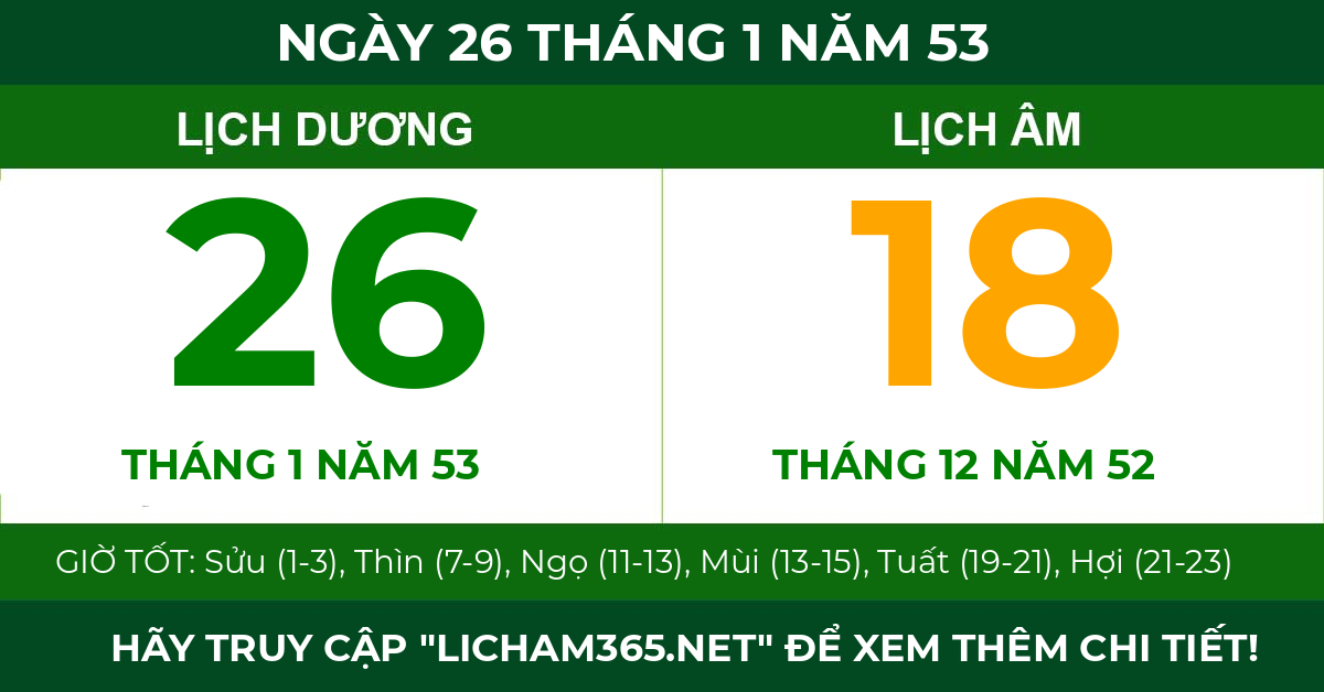 lịch âm ngày 26 tháng 1 năm 53