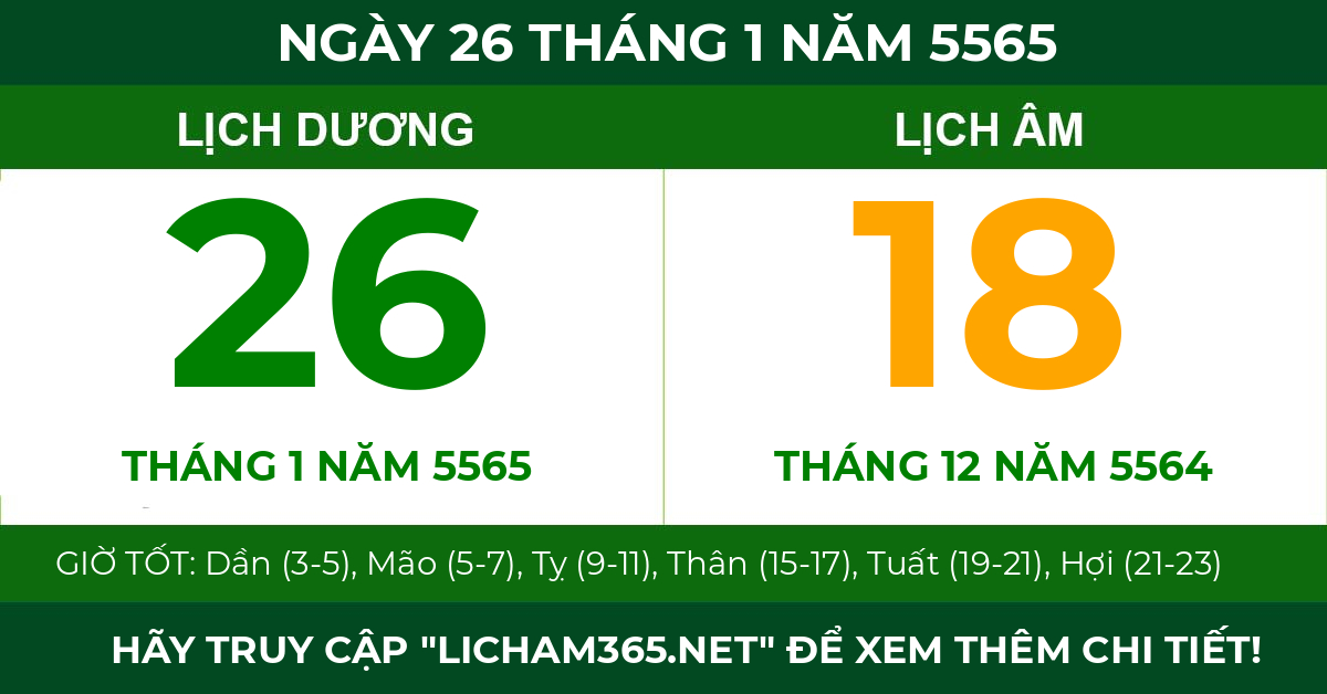 lịch âm ngày 26 tháng 1 năm 5565