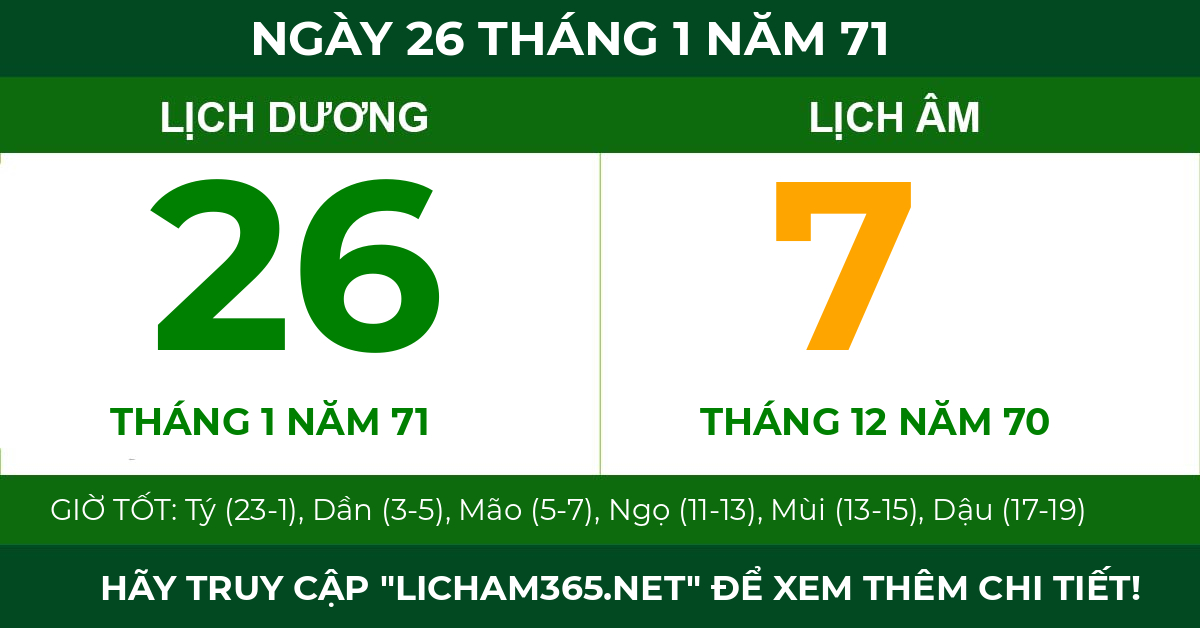 lịch âm ngày 26 tháng 1 năm 71