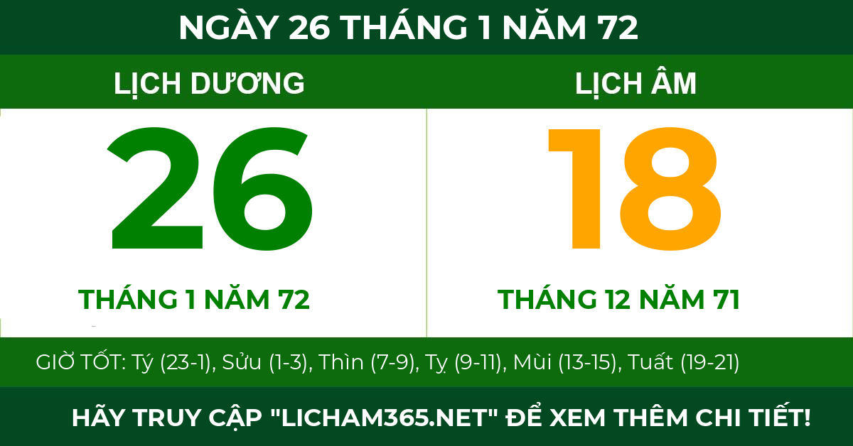 lịch âm ngày 26 tháng 1 năm 72