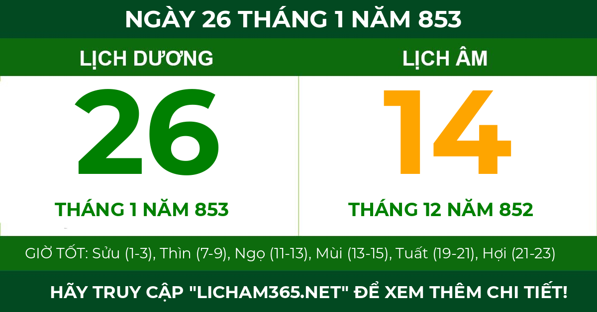 lịch âm ngày 26 tháng 1 năm 853