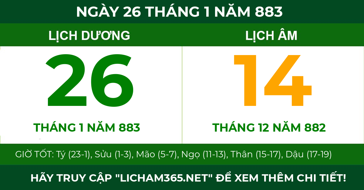 lịch âm ngày 26 tháng 1 năm 883