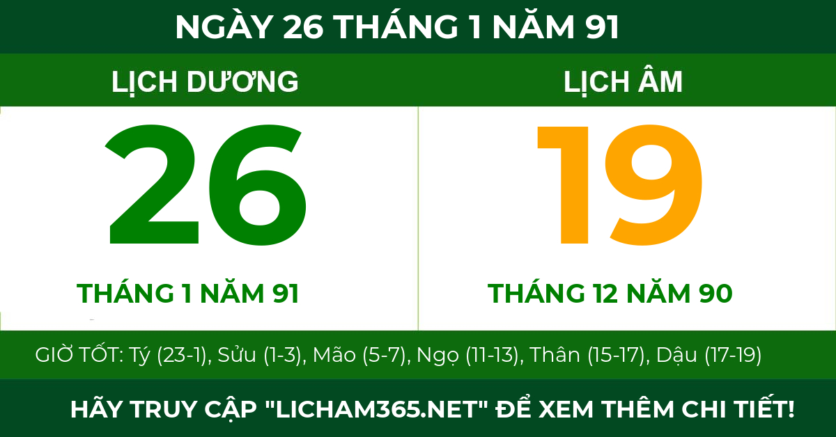 lịch âm ngày 26 tháng 1 năm 91