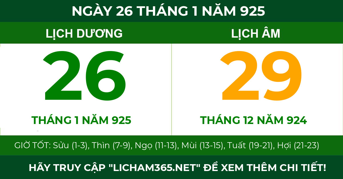 lịch âm ngày 26 tháng 1 năm 925