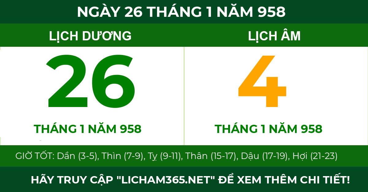lịch âm ngày 26 tháng 1 năm 958