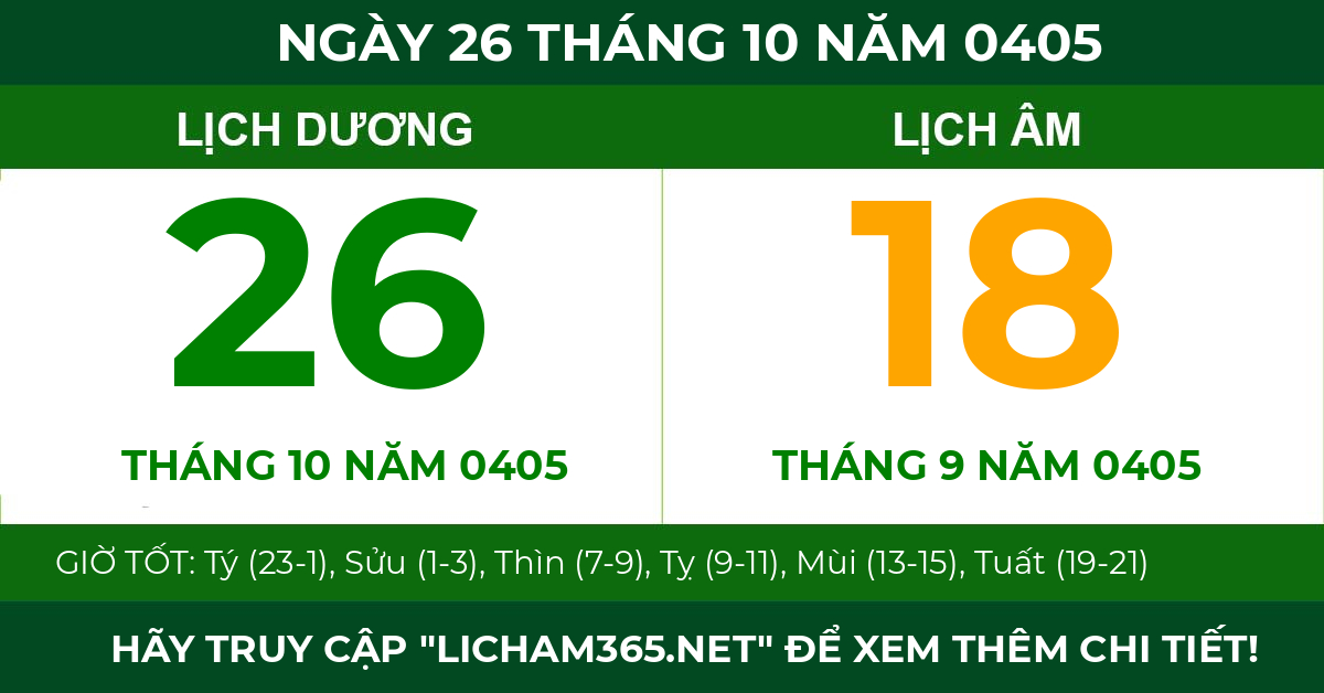 lịch âm ngày 26 tháng 10 năm 0405