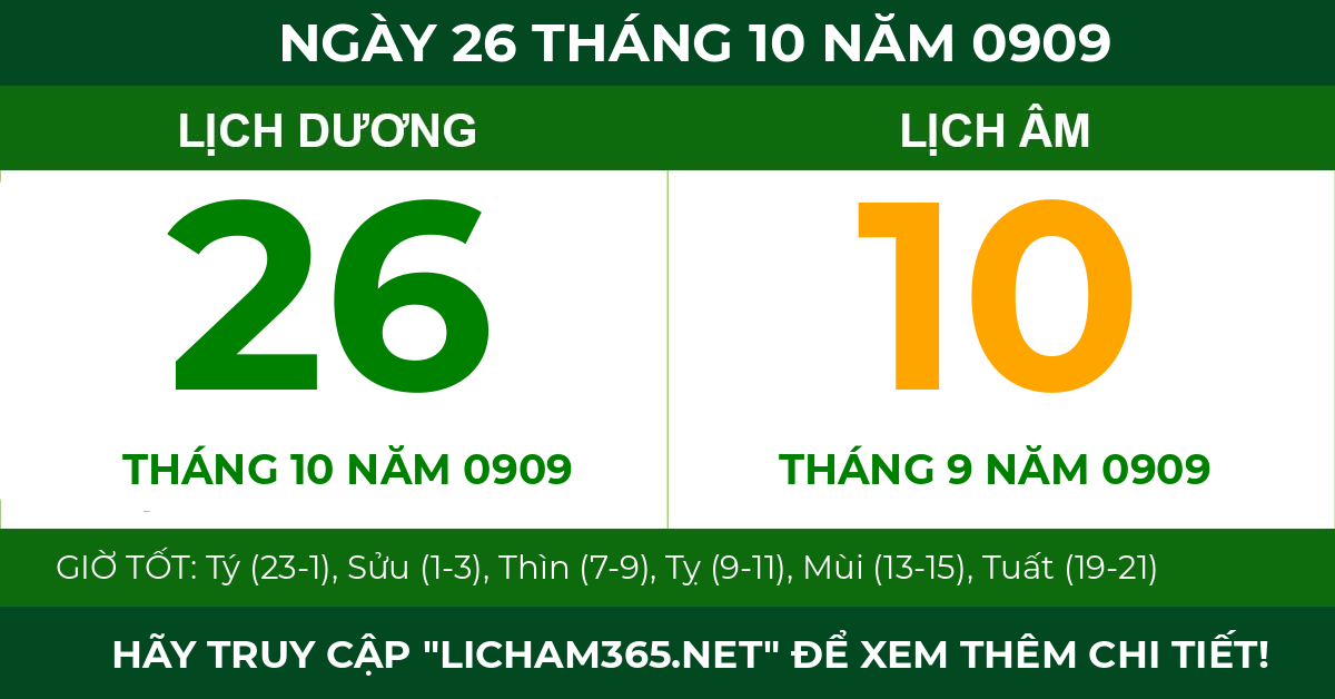 lịch âm ngày 26 tháng 10 năm 0909