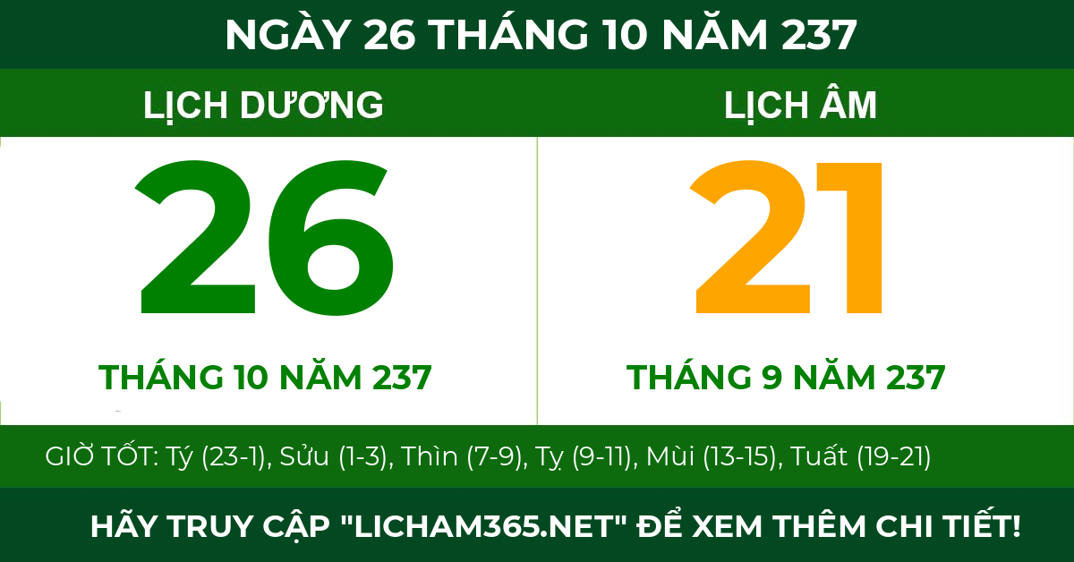 lịch âm ngày 26 tháng 10 năm 237