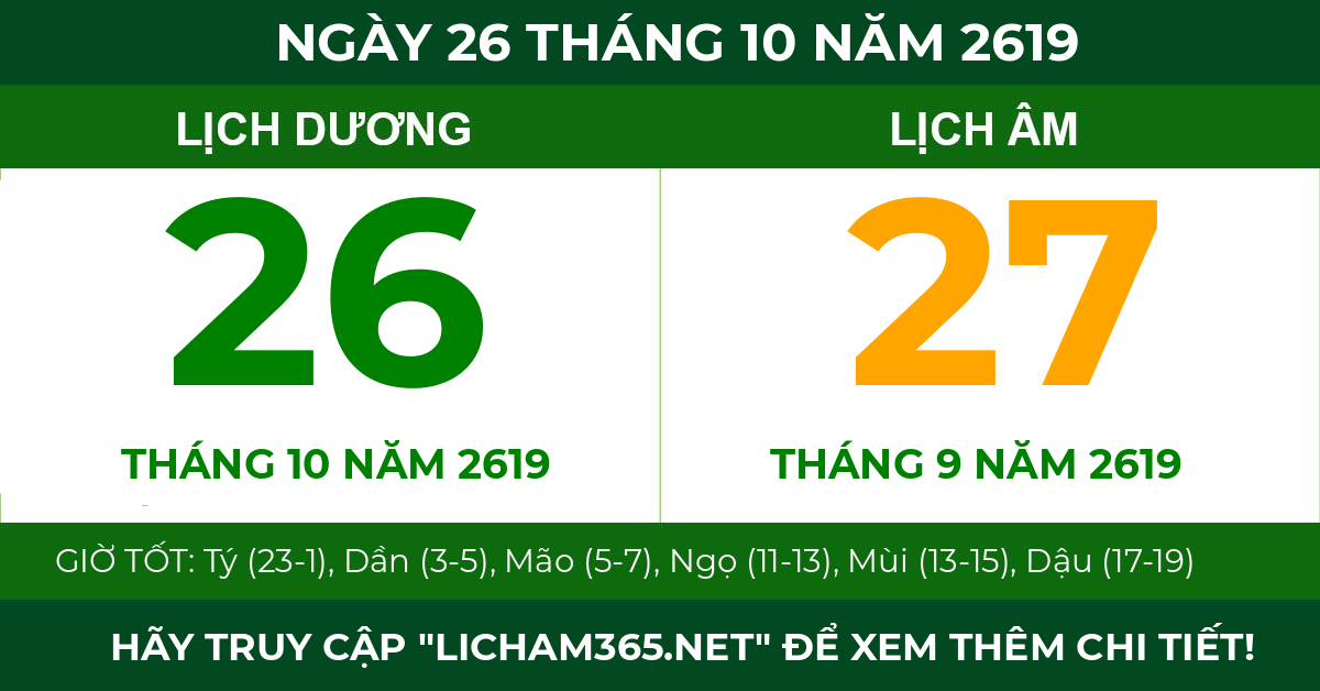 lịch âm ngày 26 tháng 10 năm 2619