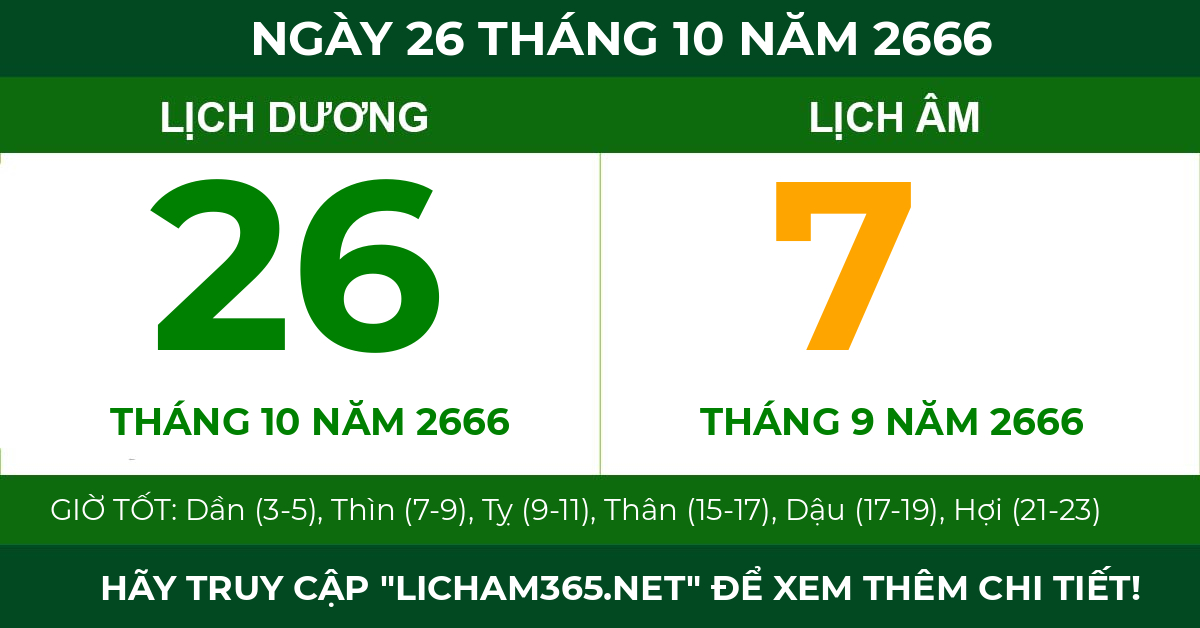 lịch âm ngày 26 tháng 10 năm 2666