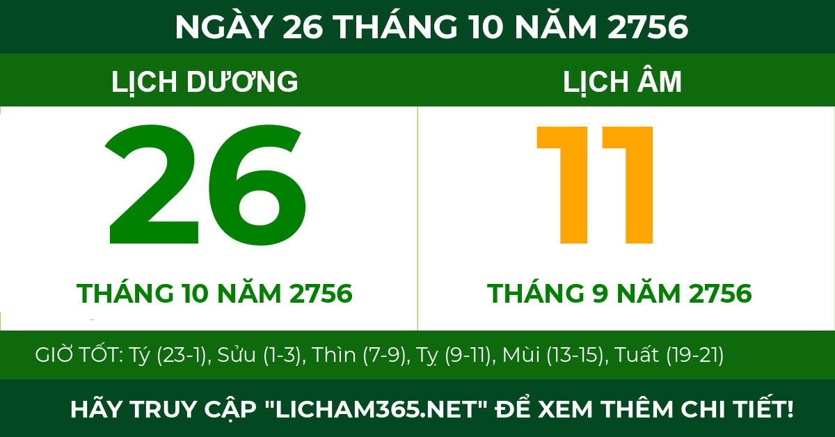 lịch âm ngày 26 tháng 10 năm 2756