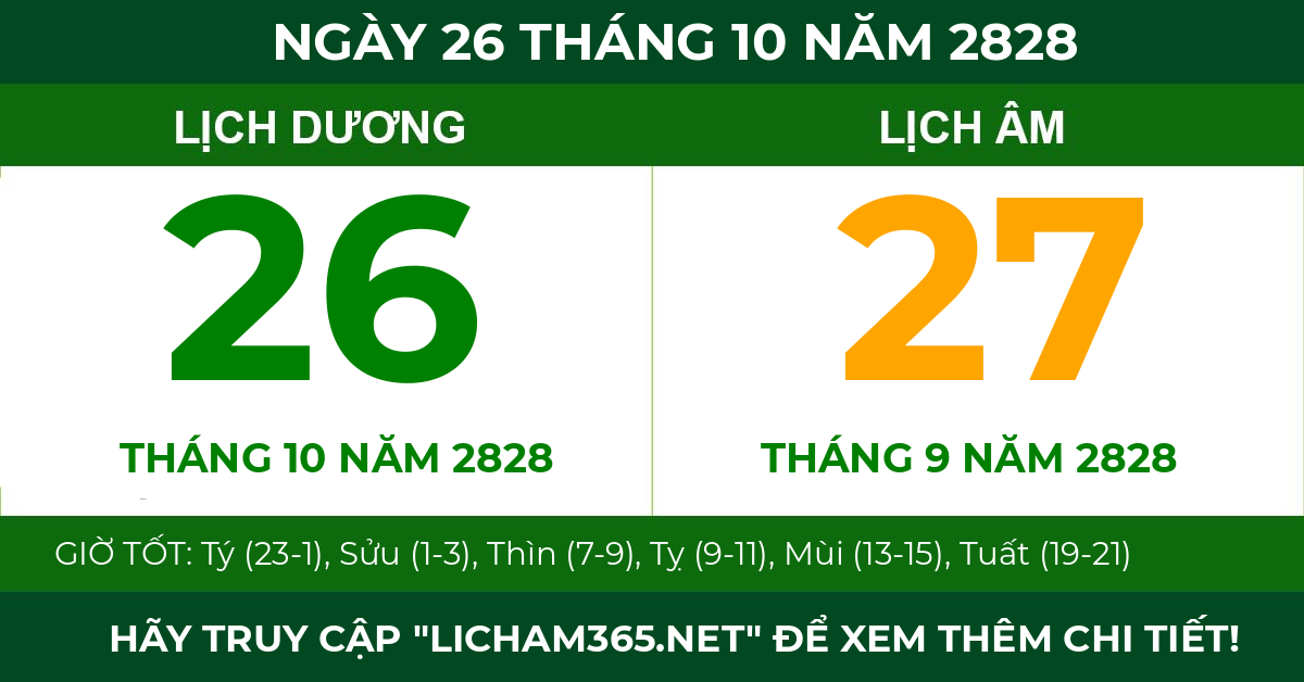 lịch âm ngày 26 tháng 10 năm 2828