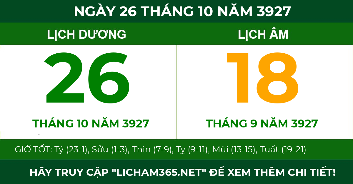 lịch âm ngày 26 tháng 10 năm 3927