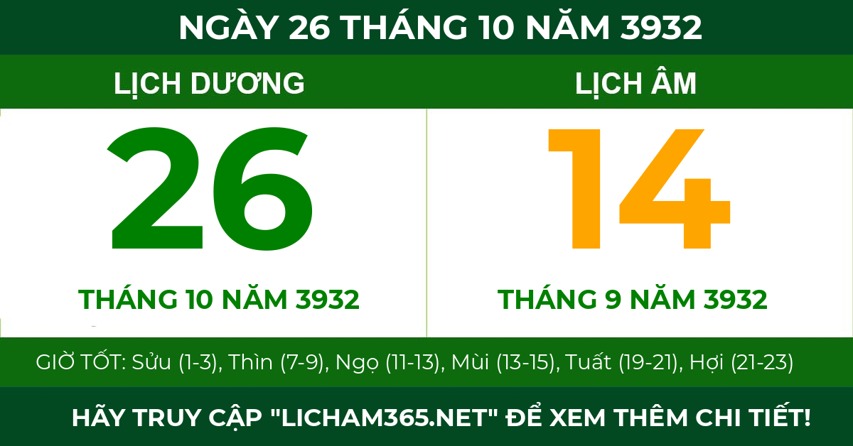 lịch âm ngày 26 tháng 10 năm 3932