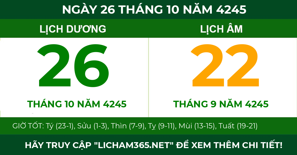 lịch âm ngày 26 tháng 10 năm 4245
