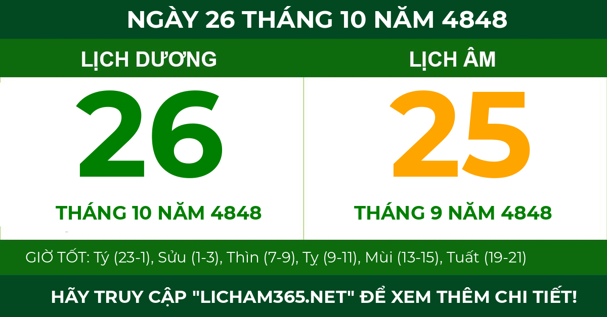 lịch âm ngày 26 tháng 10 năm 4848