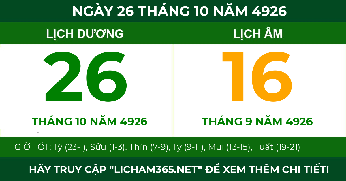 lịch âm ngày 26 tháng 10 năm 4926