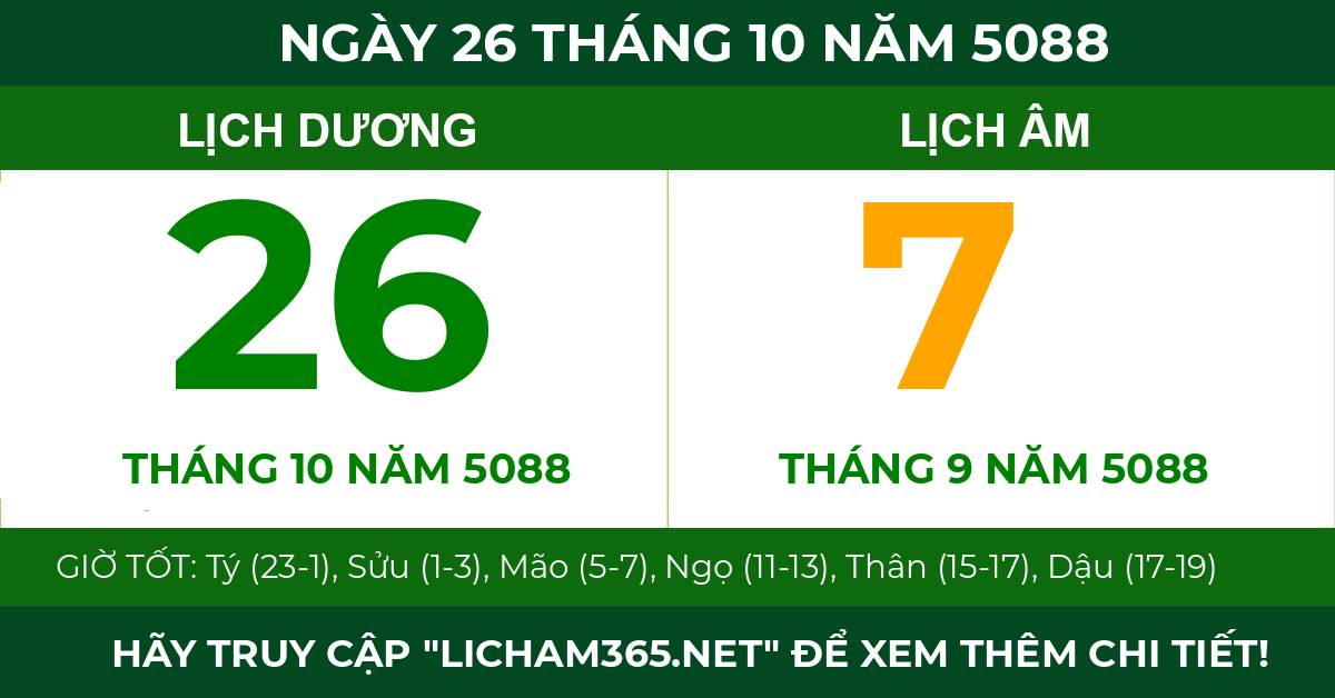 lịch âm ngày 26 tháng 10 năm 5088