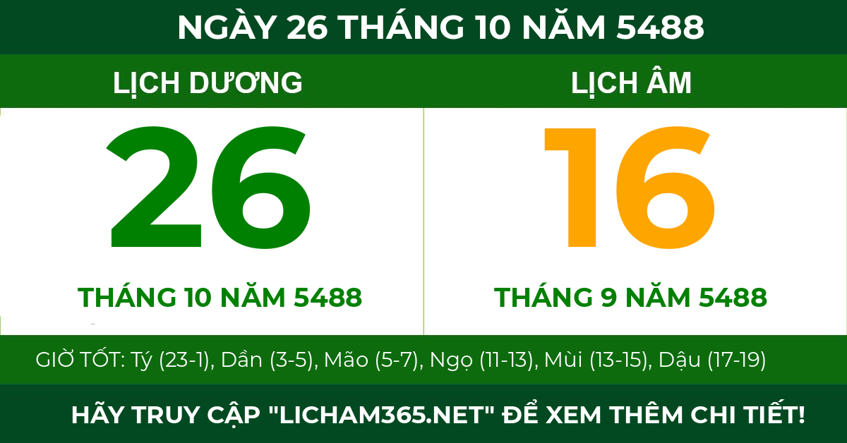 lịch âm ngày 26 tháng 10 năm 5488