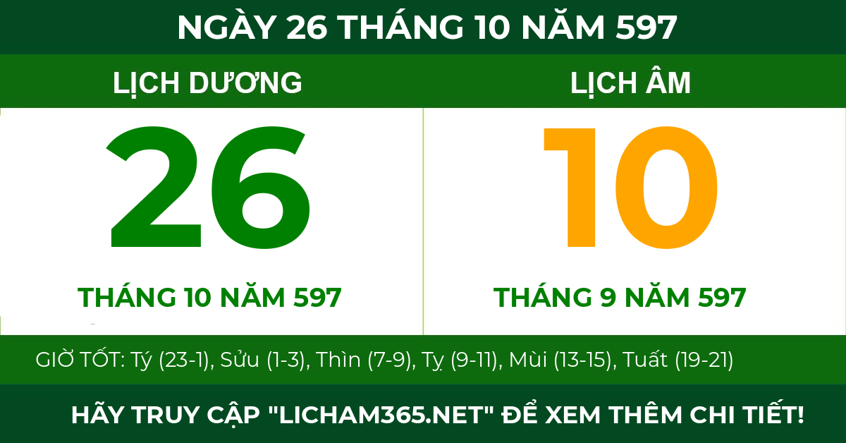 lịch âm ngày 26 tháng 10 năm 597