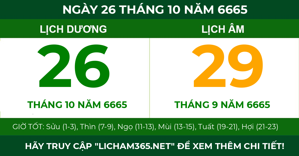 lịch âm ngày 26 tháng 10 năm 6665