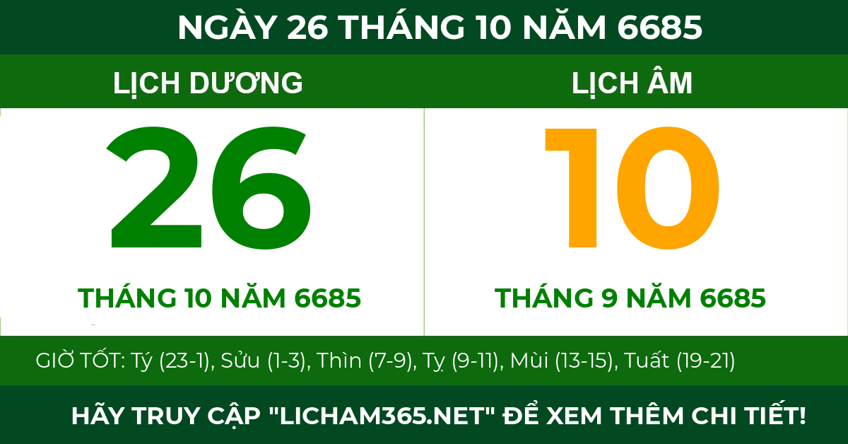 lịch âm ngày 26 tháng 10 năm 6685