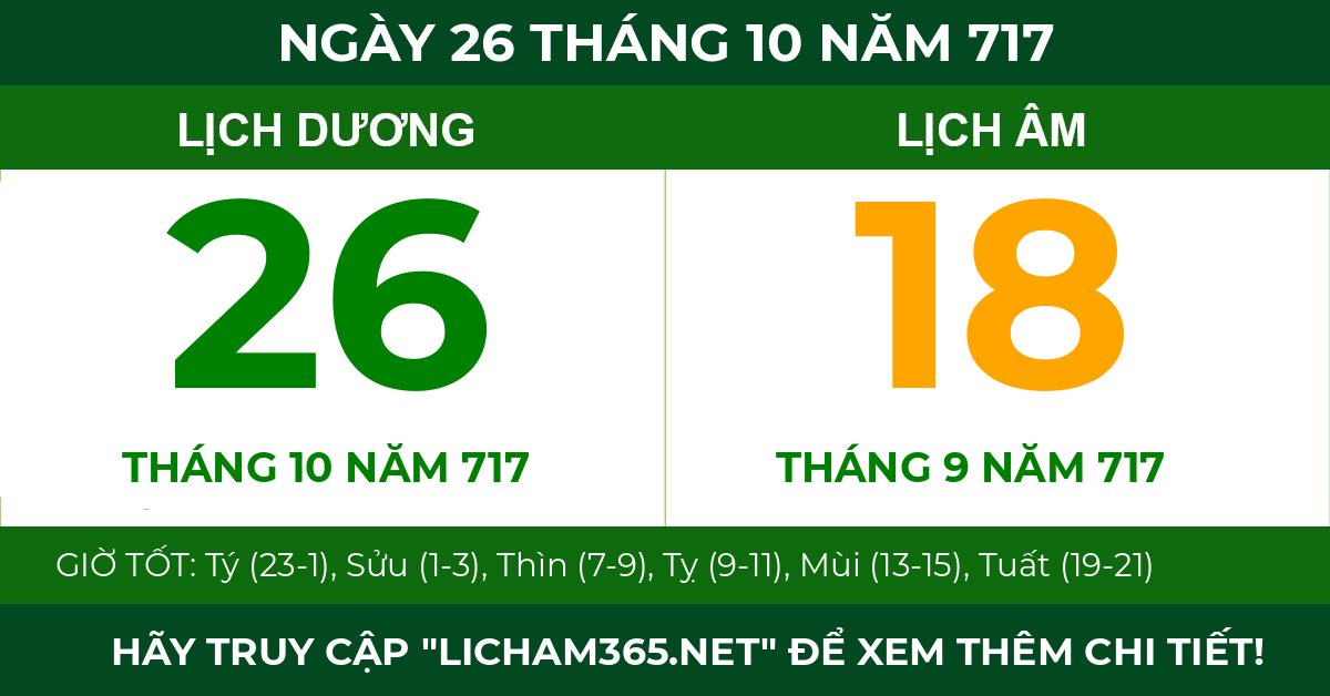 lịch âm ngày 26 tháng 10 năm 717