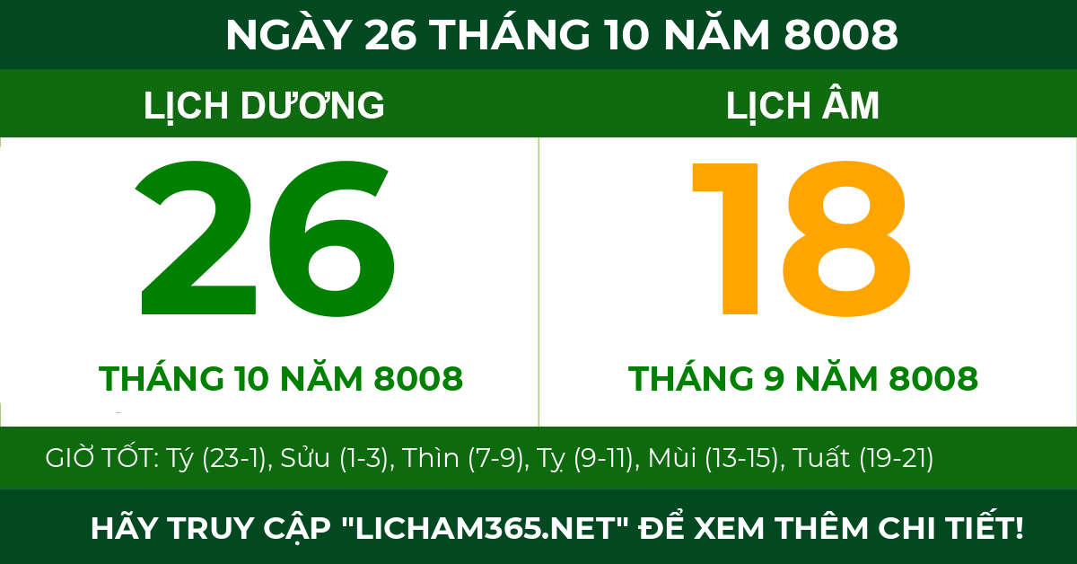 lịch âm ngày 26 tháng 10 năm 8008