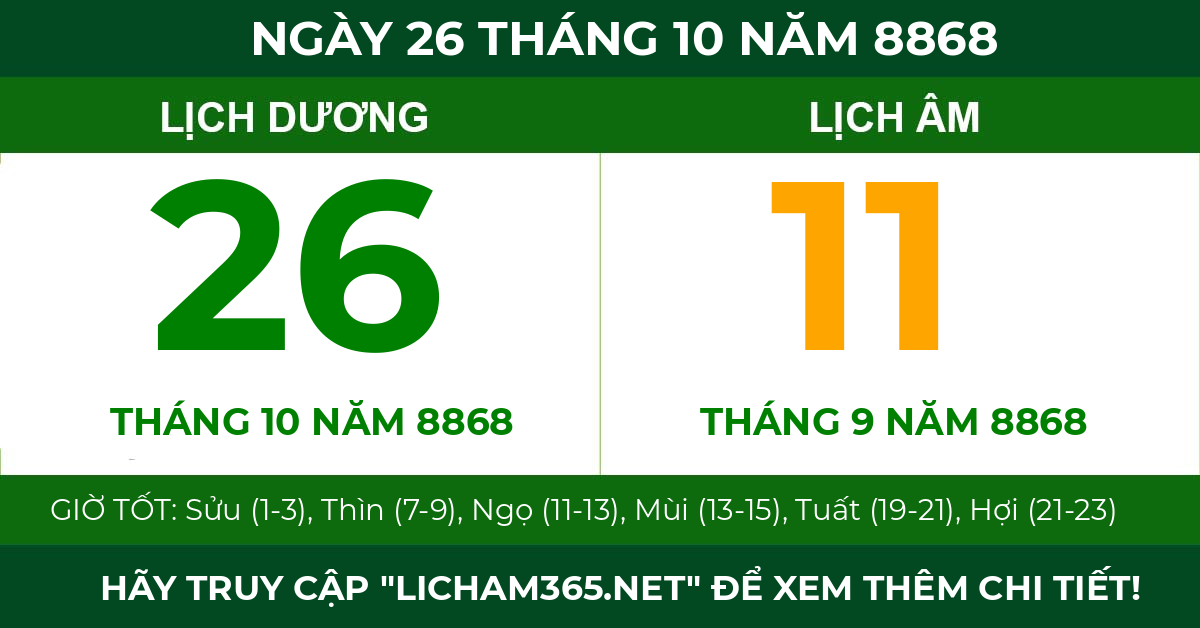 lịch âm ngày 26 tháng 10 năm 8868